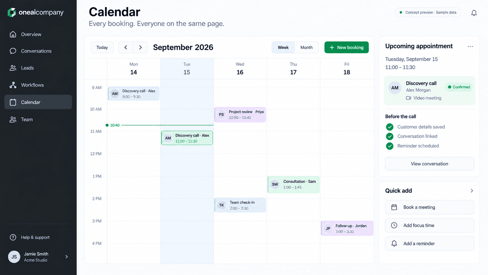 One AI Company calendar concept — illustrative sample data