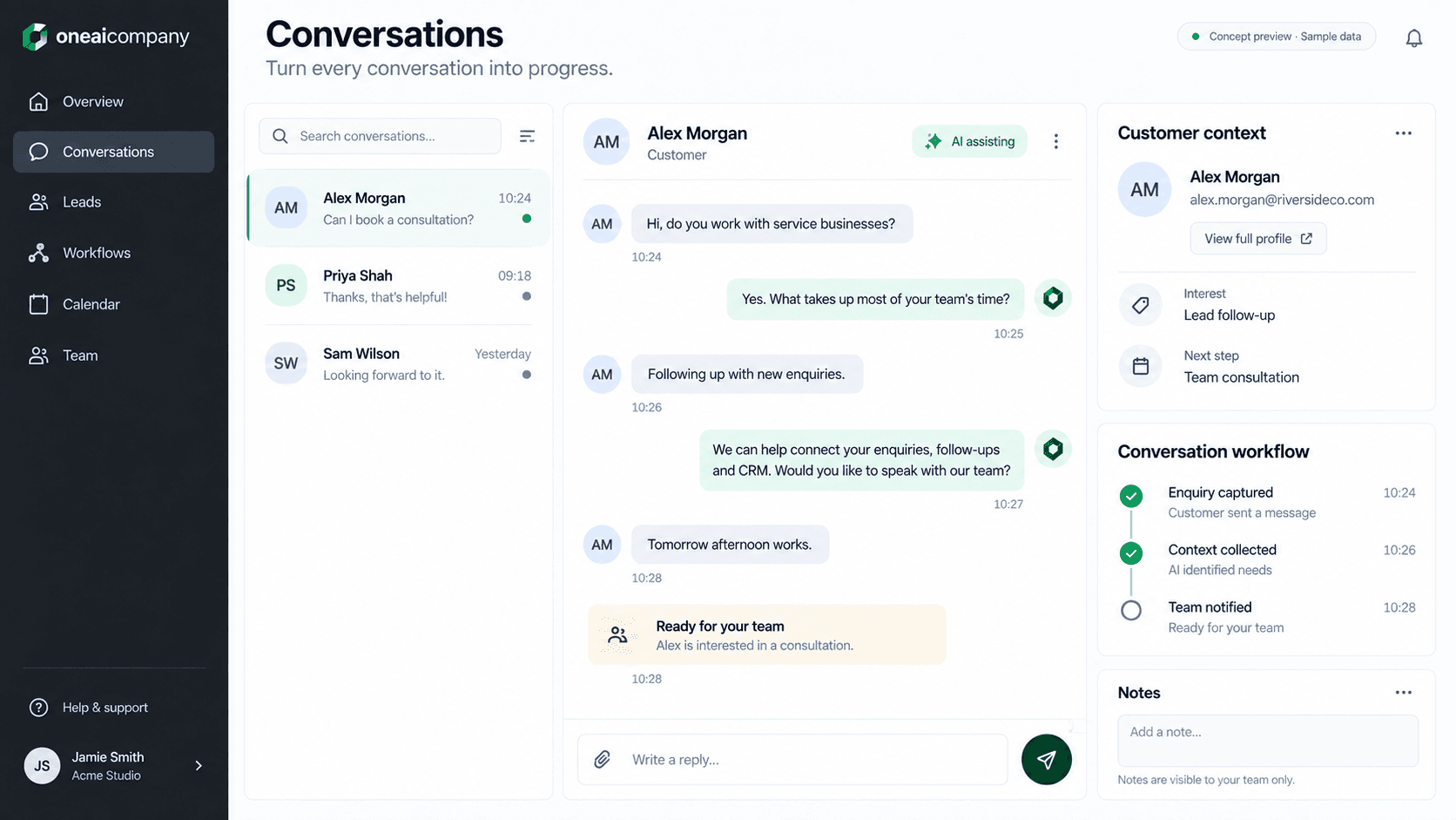 One AI Company conversations concept — illustrative sample data